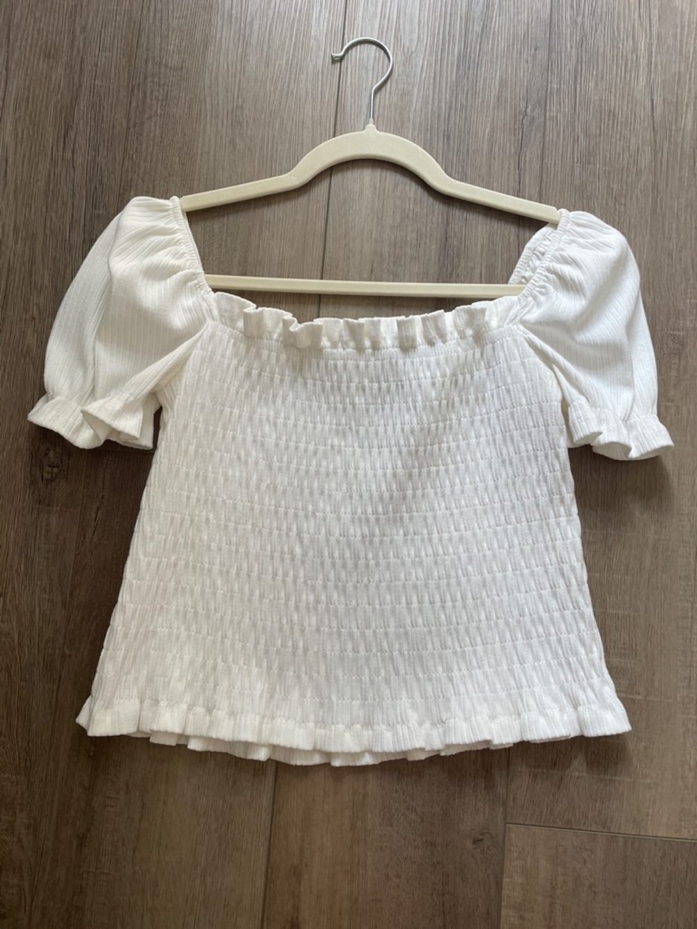 Astr White Smocked Off-Shoulder Puff Sleeve Top